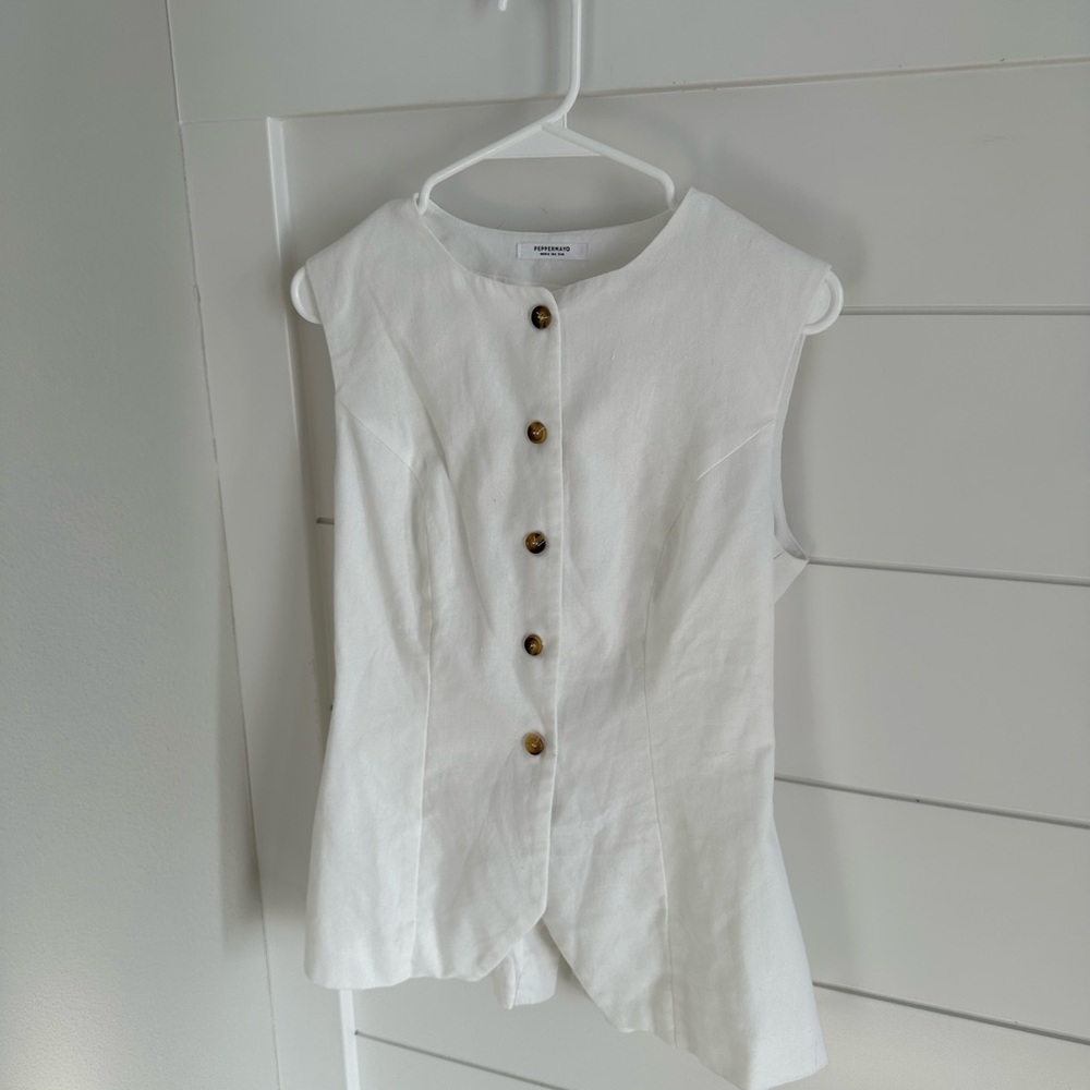 Peppermayo White Sleeveless Blouse with Brown Buttons